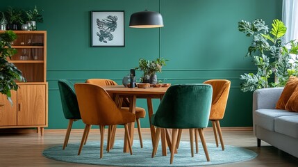 Mint-colored chairs around a round wooden dining table in a living room with a sofa and cabinet near a green wall