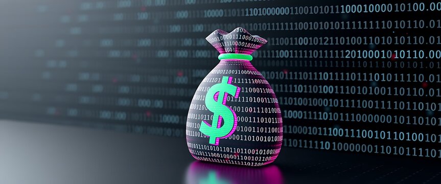 Digital currency concept featuring a money bag illuminated against a backdrop of binary code, representing finance and technology
