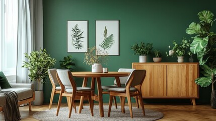 Mint-colored chairs around a round wooden dining table in a living room with a sofa and cabinet near a green wall