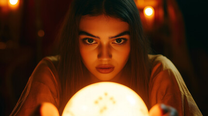 Fortune teller gazing into a crystal ball, dimly lit room filled with arcane symbols and old books 