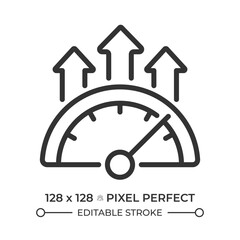 Efficiency meter pixel perfect linear icon. Productivity increase, speedometer. Credit score, metric improvement. Thin line illustration. Contour symbol. Vector outline drawing. Editable stroke