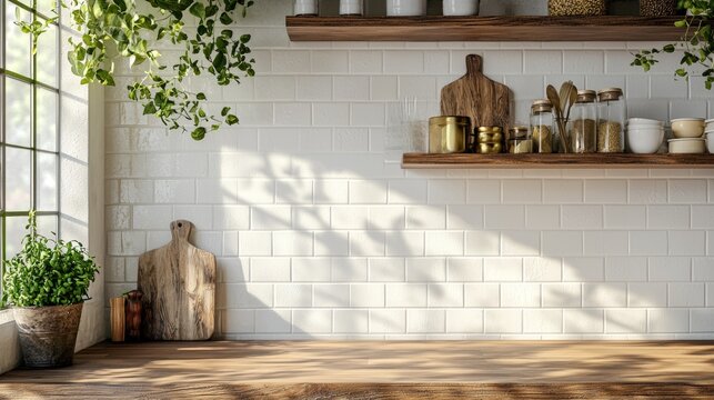 Kitchen brass utensils, chef accessories. Hanging kitchen with white tiles wall and wood tabletop.Green plant on kitchen background generated ai 