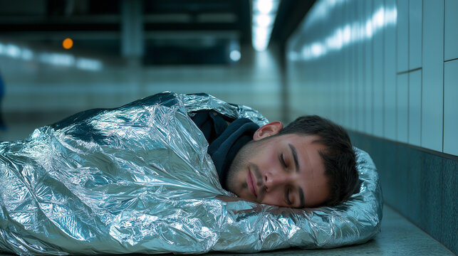 Homeless man sleeping in a subway station, wrapped in a foil emergency blanket, commuters passing by 