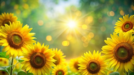 Fototapeta premium Vibrant sunflower heads take center stage against a soft-focused green background, creating a whimsical and lively