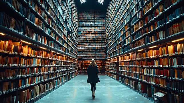 A person walking down the aisles of a massive library, shelves towering above with countless books, soft lighting casting shadows, the person deep in thought as they search for a specific book,