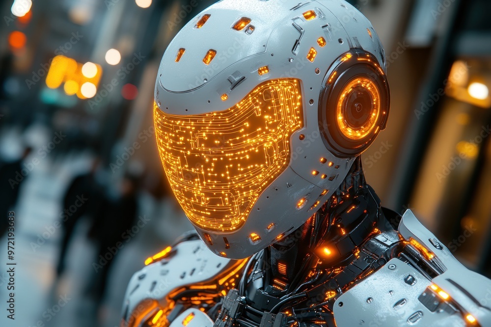 Poster futuristic robot with illuminated circuitry in an urban setting.