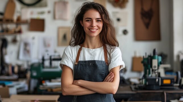 Smiling woman with arms crossed in a workshop. Great for websites, articles, and social media content related to small business, entrepreneurship, or crafts.