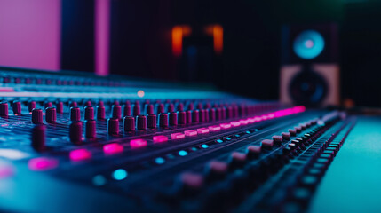 Large mixing console for sound editing, multiple sliders, and headphones in a dimly lit studio 