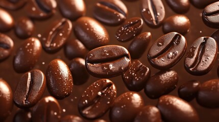 Close-up of shiny coffee beans with water droplets, showcasing texture and freshness.