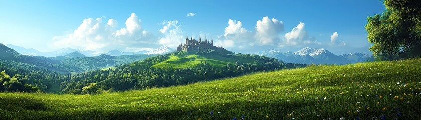 Naklejka premium A serene landscape featuring rolling hills, lush greenery, and a majestic castle under a bright blue sky, perfect for fantasy themes.