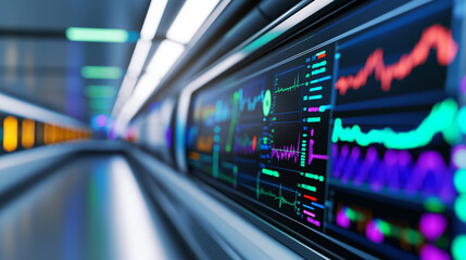 Medical predictor tool displaying health diagnostics, colorful graphs and data points, futuristic clinic background 