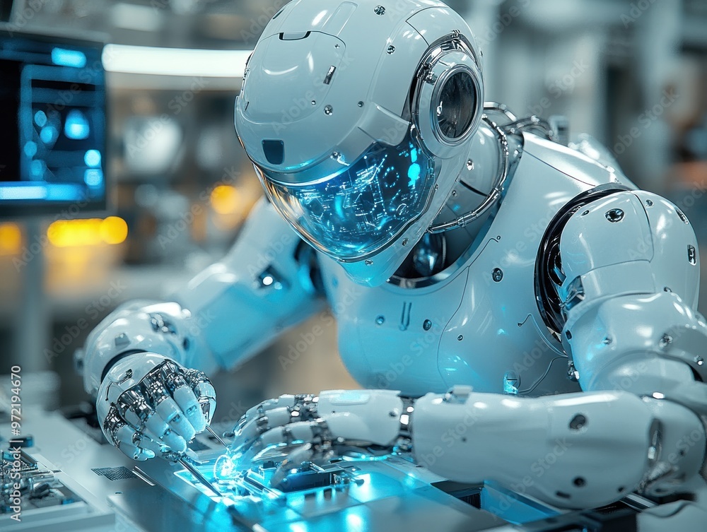 Poster a futuristic robot assembling electronic components with precision.