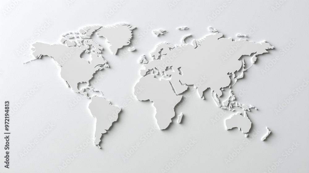 Poster minimalist modern world map with country borders in thin lines on a plain white background with subt