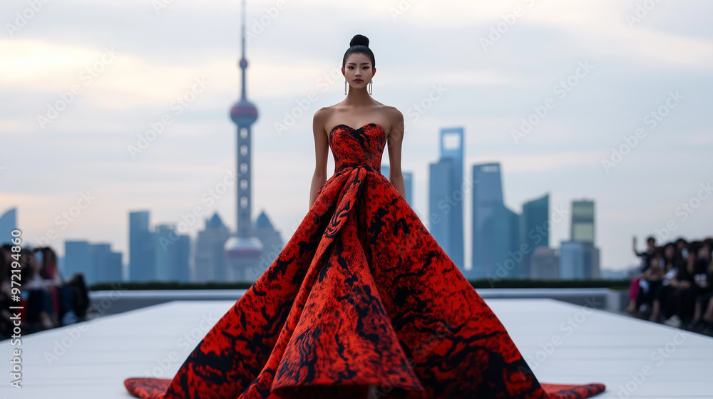 Poster model in a flowing gown with traditional chinese patterns, dynamic pose on the runway, shanghai skyl