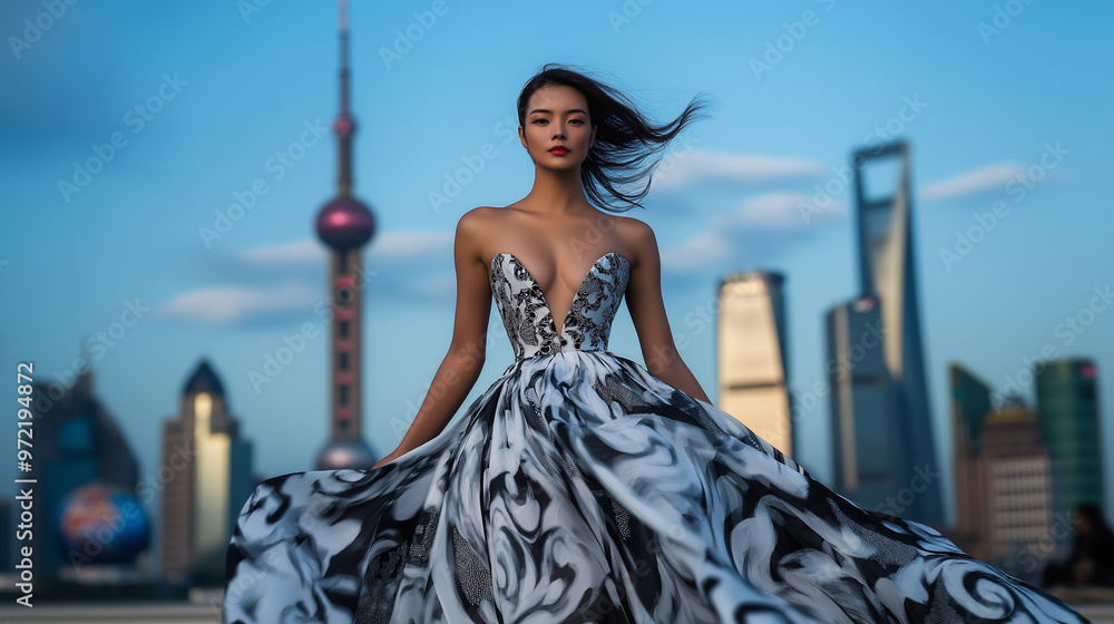 Poster model in a flowing gown with traditional chinese patterns, dynamic pose on the runway, shanghai skyl