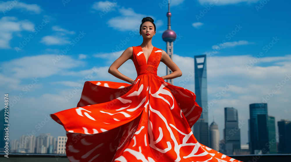 Poster model in a flowing gown with traditional chinese patterns, dynamic pose on the runway, shanghai skyl