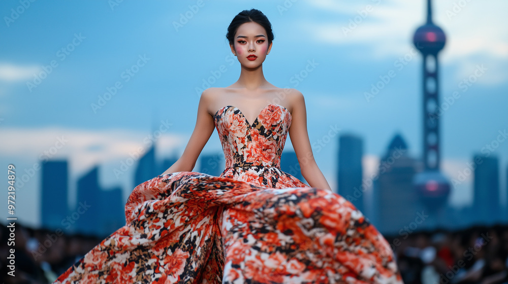 Poster model in a flowing gown with traditional chinese patterns, dynamic pose on the runway, shanghai skyl