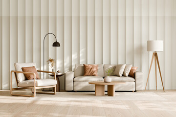 Modern living room with a beige and warm color palette. 3d render.