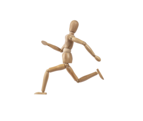 Wooden dummy representing a person running. PNG with transparent background. Concept of activity and sport