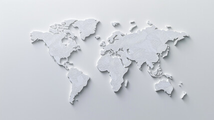 Minimalist modern world map with country borders in thin lines on a plain white background with subtle shadows 