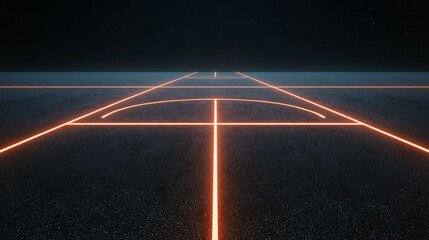 Minimalist top view of roofball court markings on a black rooftop with neon lines and scattered dust particles 
