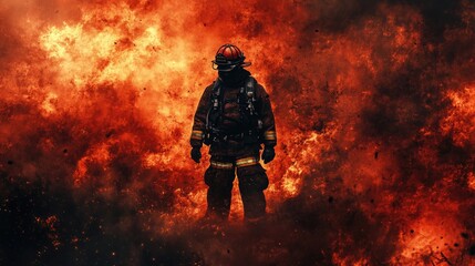 Naklejka premium A firefighter in full gear stands against a backdrop of intense flames, smoke and embers.
