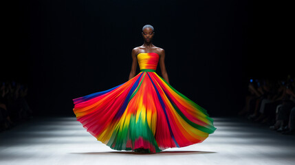 Model in a vibrant avant-garde dress walking down the runway at New York Fashion Week, cameras flashing 
