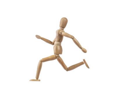Wooden dummy representing a person running. PNG with transparent background. Concept of activity and sport