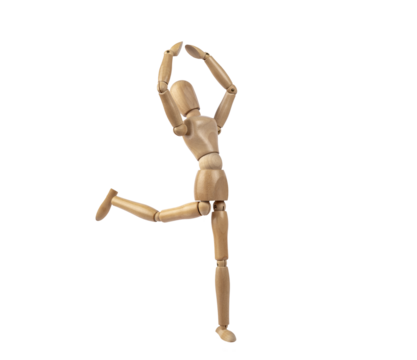 Wooden dummy representing a person dancing. PNG with transparent background. Concept of dance