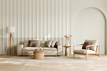 Modern minimalist living room with neutral tones decor. 3d render.