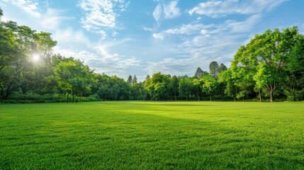 Background texture of clean and wellmaintained grass lawn with a variety of trees in the background against beautiful sky Vacant ground or empty unpowered campsite in a park Copy space