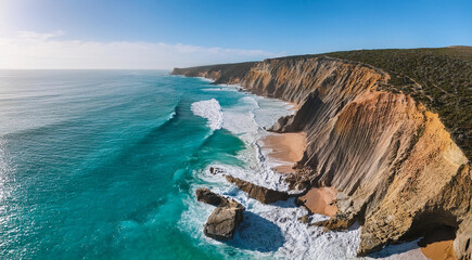 Drone View of Coastal Cliffs and Turquoise Water