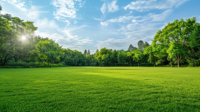 Background texture of clean and wellmaintained grass lawn with a variety of trees in the background against beautiful sky Vacant ground or empty unpowered campsite in a park Copy space