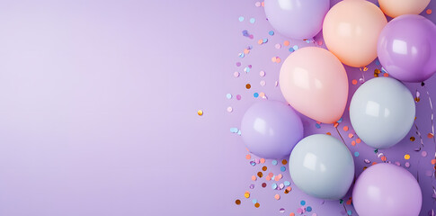 Pastel Balloons with Confetti on a Purple Background with copy space