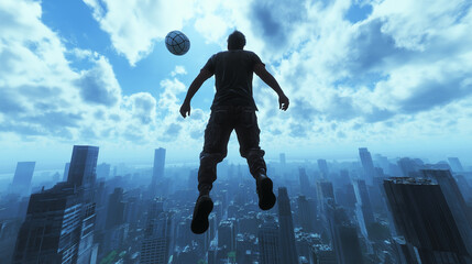 Player balancing on a narrow rooftop edge while preparing to catch a roofball against a cloudy city skyline 