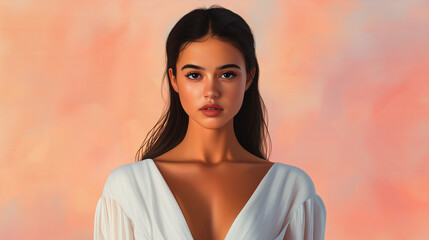 Portrait of a demure woman with long hair in a low ponytail, wearing a minimalist blouse, soft sunset glow 
