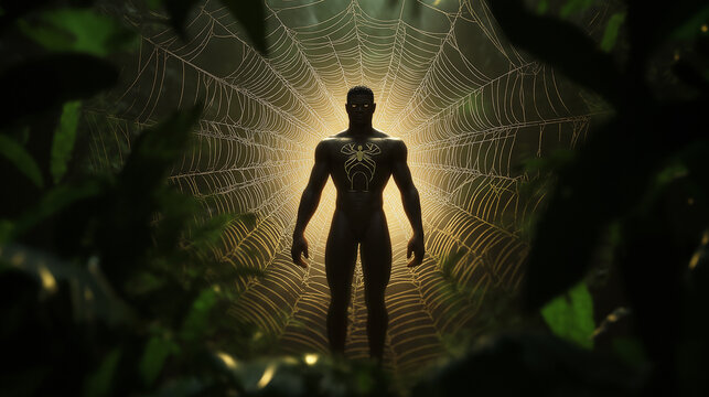 Powerful portrayal of Anansi, the trickster spider god, in a forest weaving an intricate web with symbols and stories embedded 