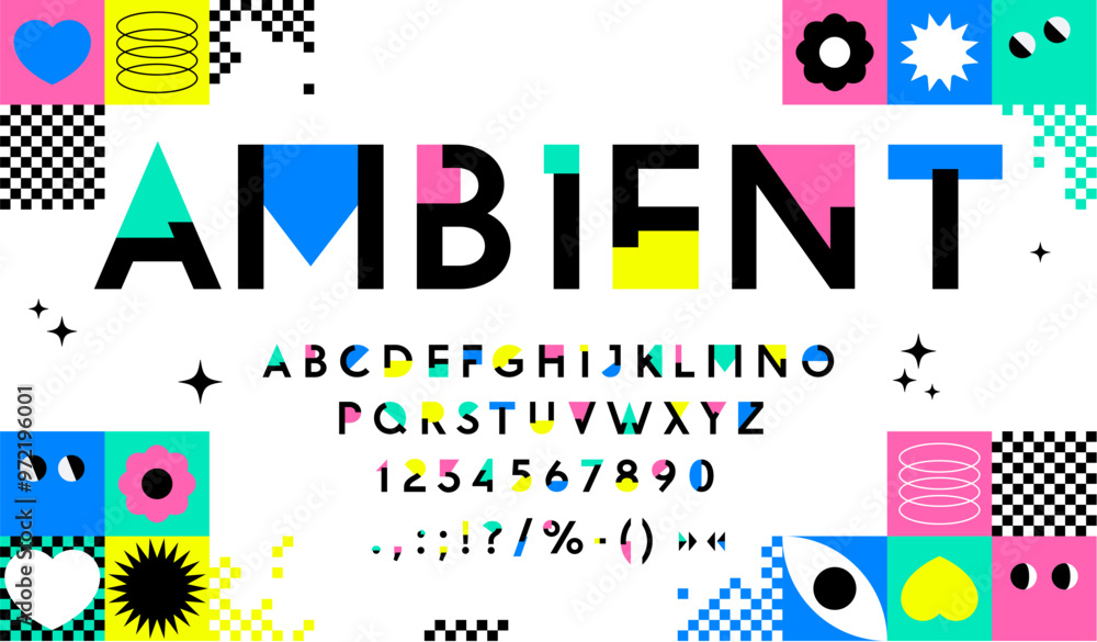 Poster color mosaic geometry font and retro art type. english alphabet typeface vector typography of abstra