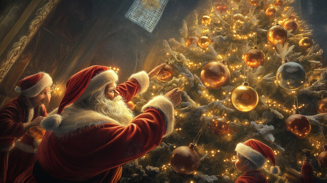 Santa Claus and his elves decorating a gigantic Christmas tree with sparkling lights and oversized ornaments 
