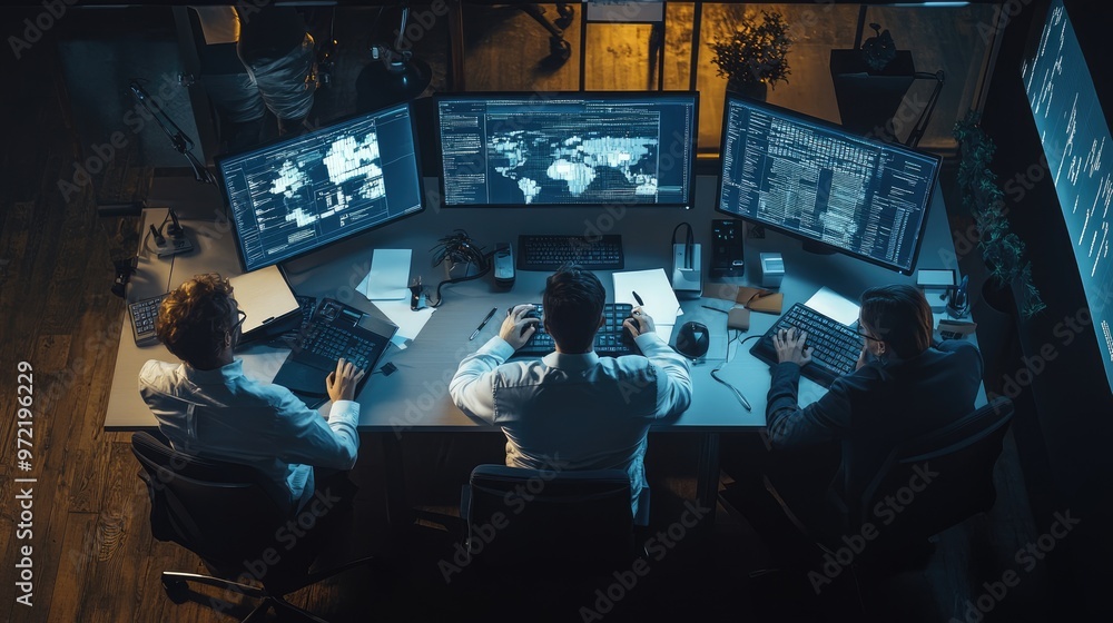 Poster three programmers working late at night. this image is perfect for illustrating a story about late-n