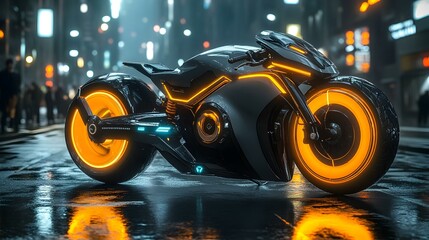 Naklejka premium Futuristic Motorbike in Neon Glow, a sleek vehicle with luminous accents parked on a vibrant, illuminated street, reflecting a high-tech urban landscape.