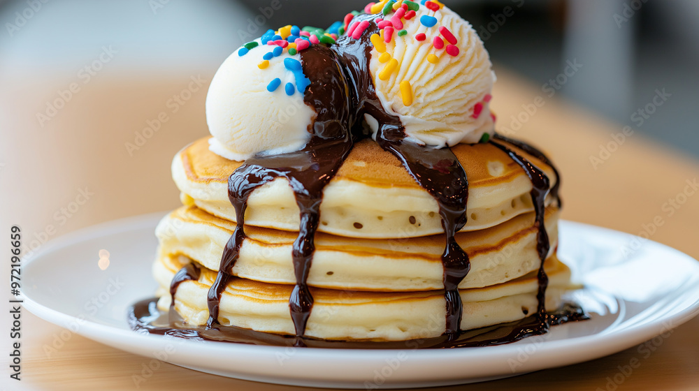 Poster stack of fluffy pancakes topped with scoops of colorful ice cream melting down the sides and drizzle