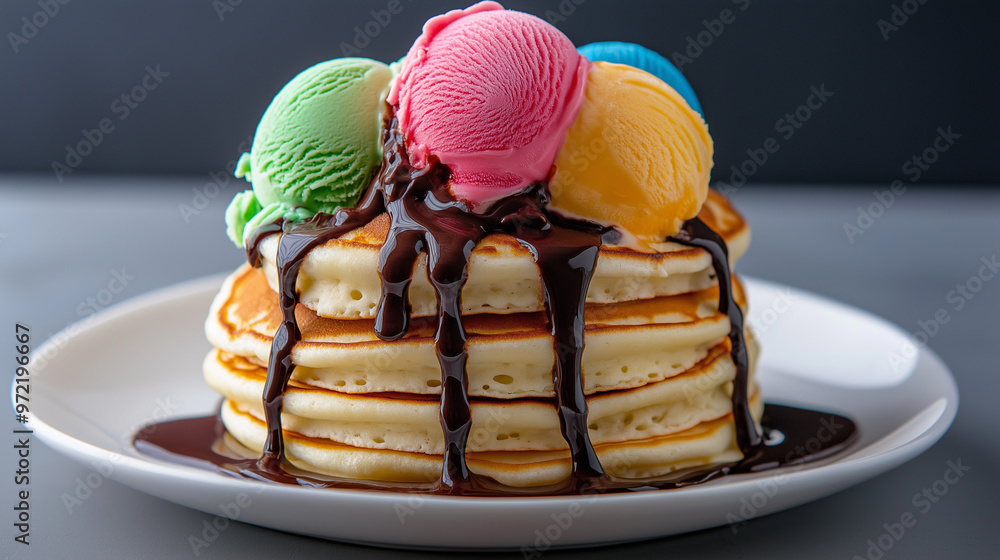 Poster stack of fluffy pancakes topped with scoops of colorful ice cream melting down the sides and drizzle