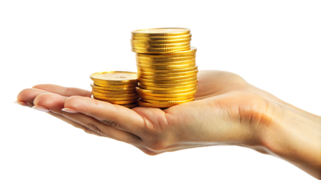 Hand holding golden coins, representing wealth and prosperity