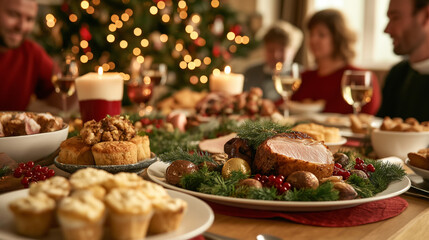 Traditional Boxing Day feast with roasted meats, puddings, and festive table settings, surrounded by family members