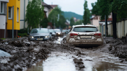 Fototapeta premium Urban landslide with mud and debris covering parked cars and streets in a residential area after heavy rain 