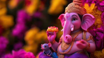 Fototapeta premium Vibrant image of Lord Ganesha, the elephant-headed deity, holding a modak, with a mouse by his side and a colorful backdrop 