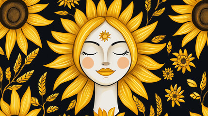 Virgo season greeting card design with sunflowers, golden wheat stalks, and Virgo zodiac symbol in a whimsical style 