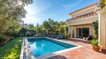 Fototapeta premium Luxury villa with a private pool and lush green landscaping.