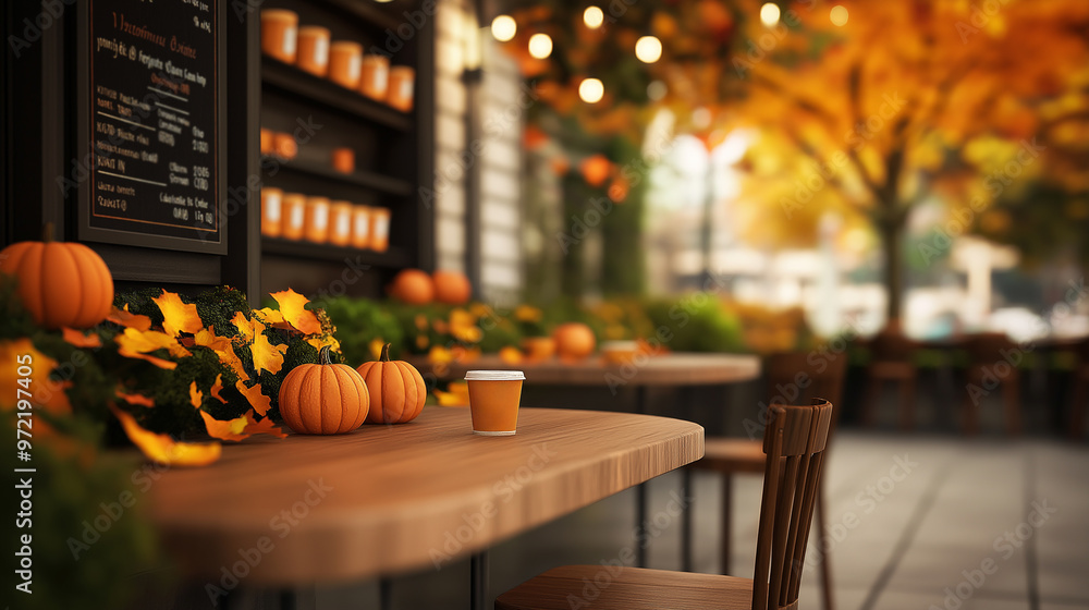 Poster Warm and inviting pumpkin spice cafe with cozy seating, decorative pumpkins, autumn leaves, and a menu board displaying seasonal pumpkin spice drinks, soft warm lighting 